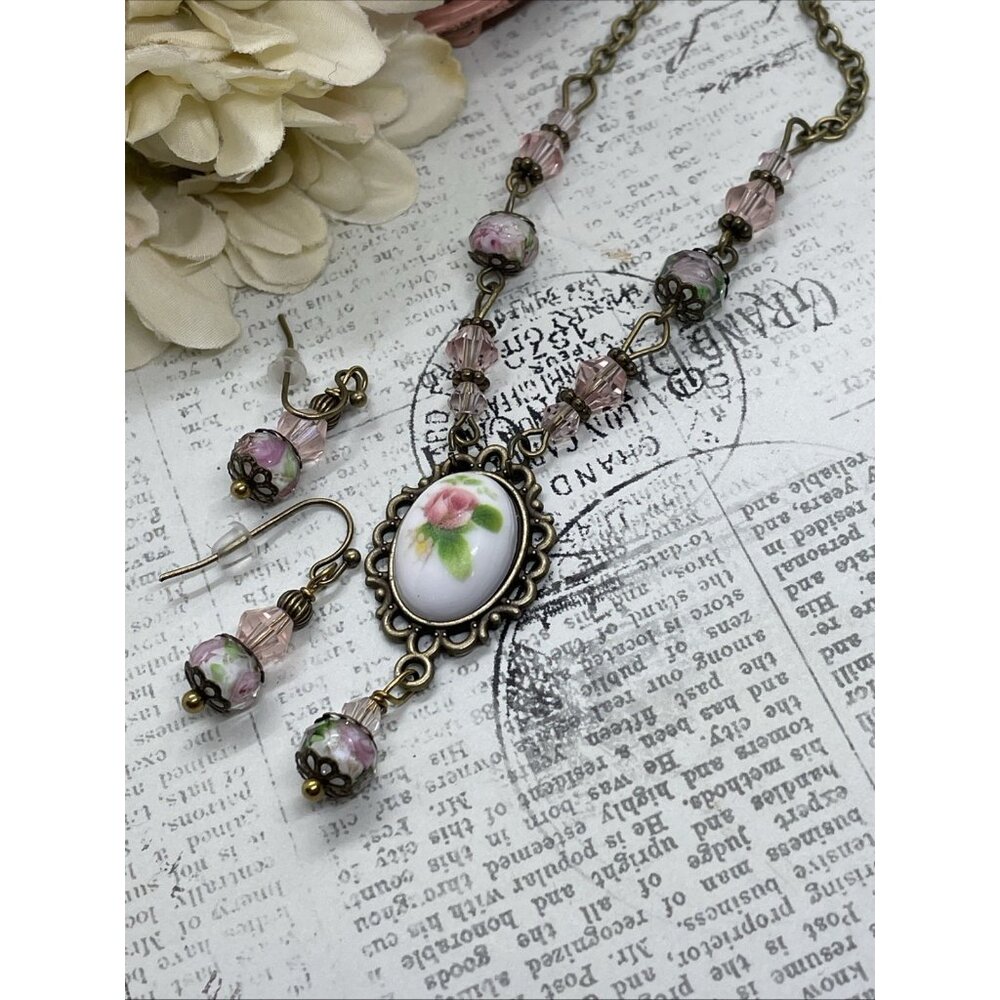 Rose Pink Porcelain Necklace Earring set Mother gift wedding bridal jewelry wife
